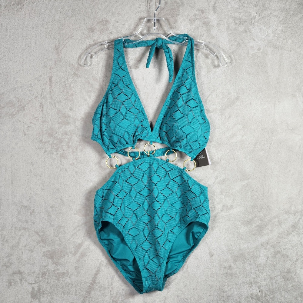 Vince Camuto One Piece Swimsuit Womens 12 Lagoon Teal Crochet Cutout Monokini